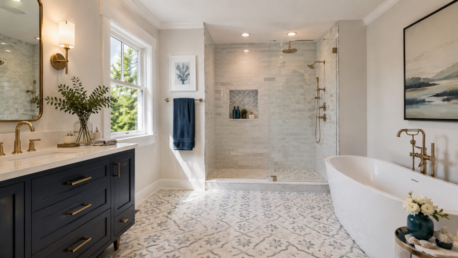 Bathroom with patterned encaustic-look floor tile, marble shower tile and a navy vanity