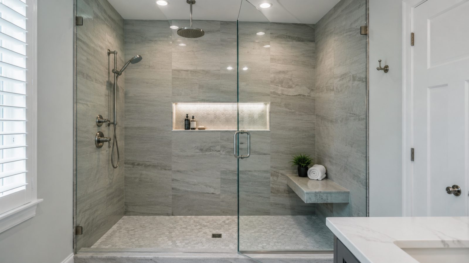 Contemporary walk-in shower with stone-look large format tile and a built-in bench